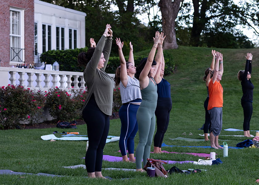 A group of people practicing outdoor yoga in a line on a grassy lawn with arms raised overhead.
